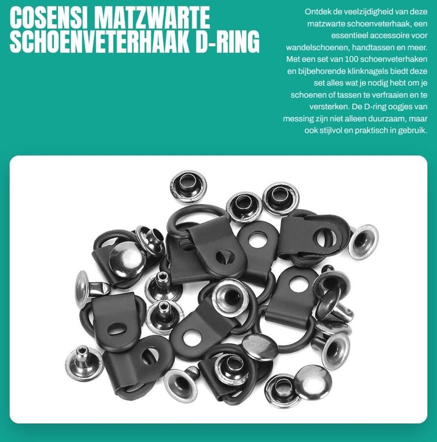 Solidchoice- Schoenveterhaak 100 stuks Klinknagels D-ring Matzwart Messing Duurzaam en eenvoudig te installeren Haakjes