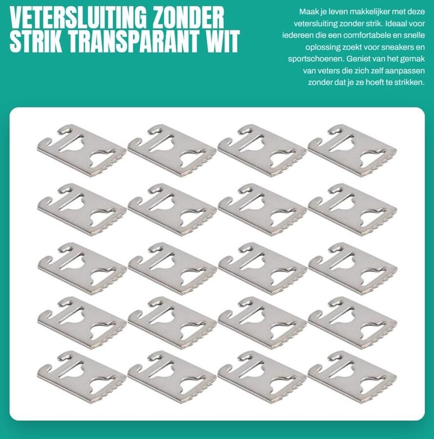 Dailygoods- Vetersluiting zonder strik Veterclip 20 stuks Kunststof Transparant wit Comfortabele ervaring Schoenveters