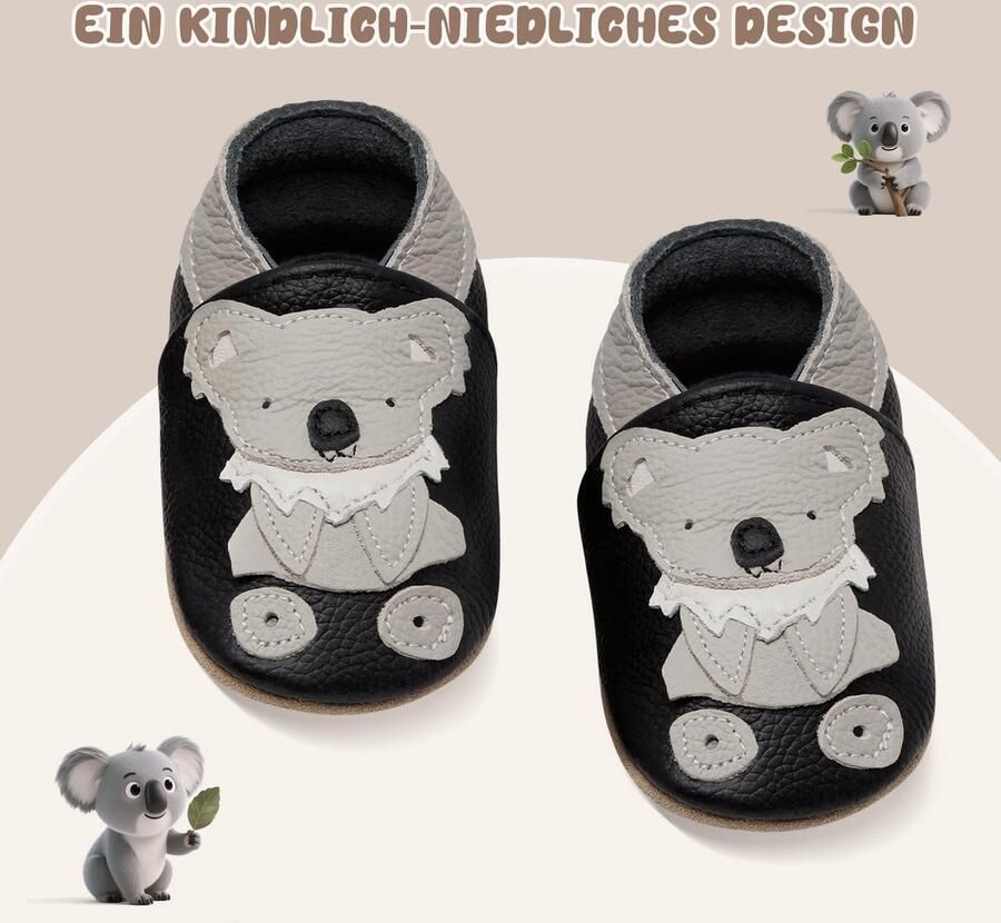Solidchoice Zachte Babyslofjes voor Eerste Stapjes met Leer Zool (Zwarte Koala