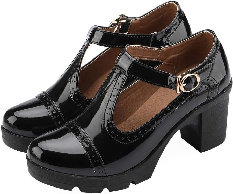 SolidKeus Dames Brogue Pumps met Blokhak en Verstelbare T-Band