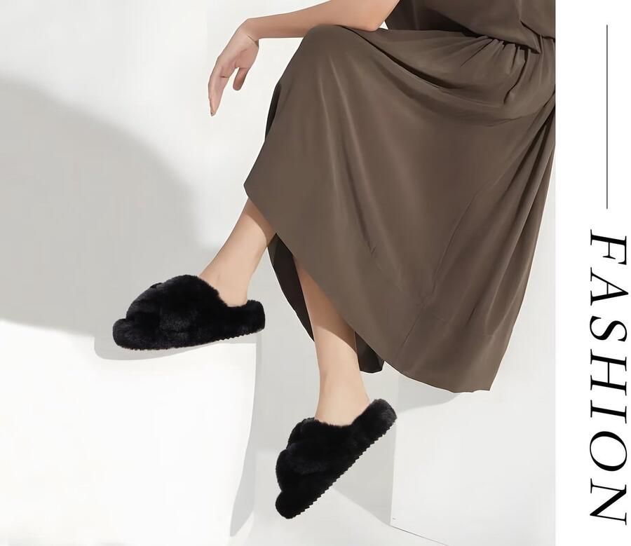 SolidKeus Dames Fluffy Slippers met Open Teen en Memory Foam