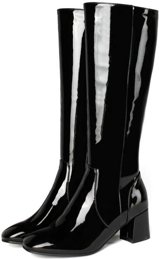 SolidKeus Dames Hoge Gogo Boots van Faux Leer met Dikke Hak Zwart