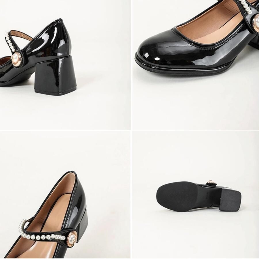 SolidKeus Retro Medium Block Hak Mary Janes Met Parelsluiting