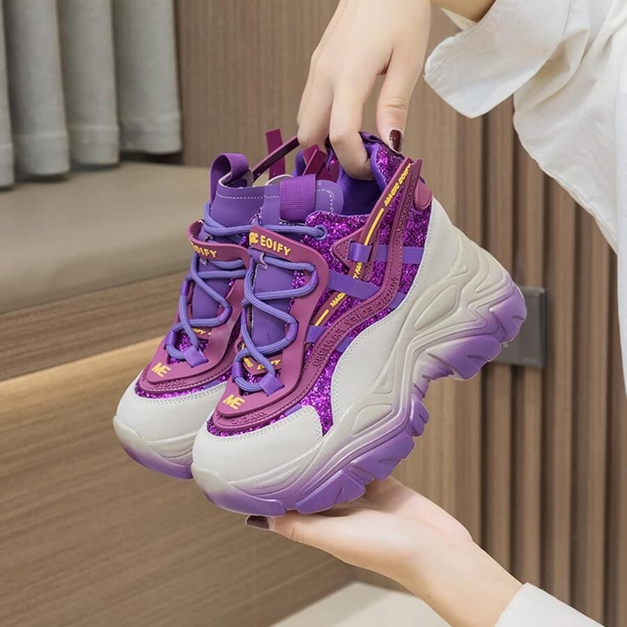 SolidKeus Vrouwen Plateau Sneakers met Glanzende Pailletten Paars