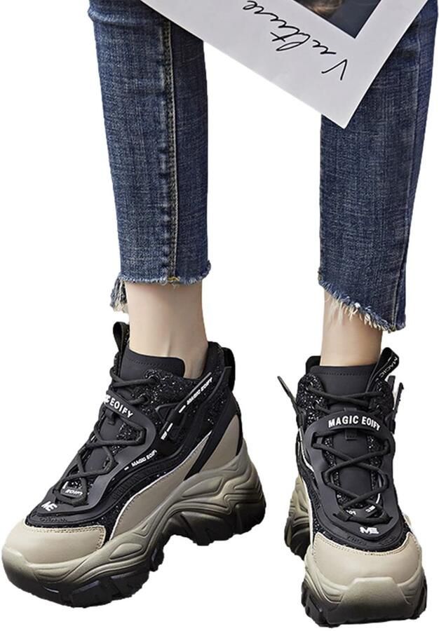 SolidKeus Vrouwen Plateau Sneakers met Glanzende Pailletten Zwart 4 UK