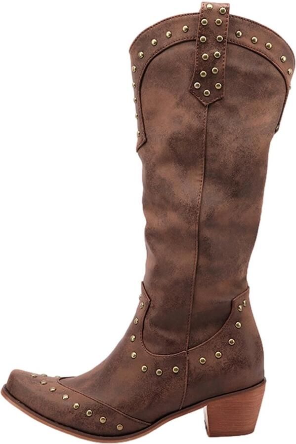 SolidKeus Vrouwen Retro Cowboy Boots met Metalen Studs en Puntige Neus
