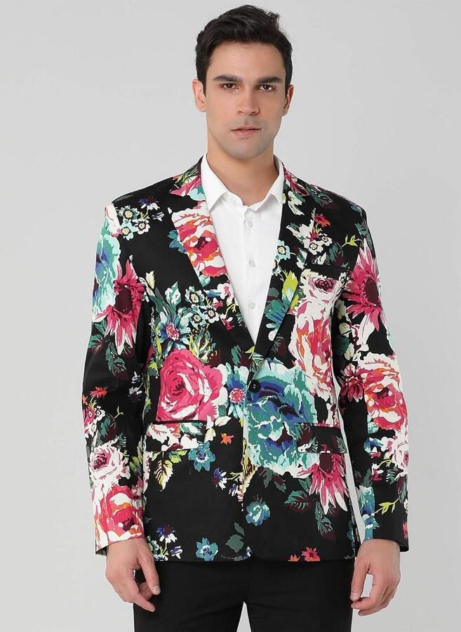 Sourcing map Herenpak Blazer Slim Fit Bloemen Gedrukt Een Knop Prom Jacket Sport Jas Zwart Blauw