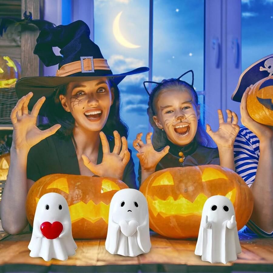 Spookbeeld wit hart spookfiguren griezelig spookbeeld van kunsthars Halloween-beeldje bureauornamenten Halloween-decoratie outdoor binnen (middelvinger-geest)