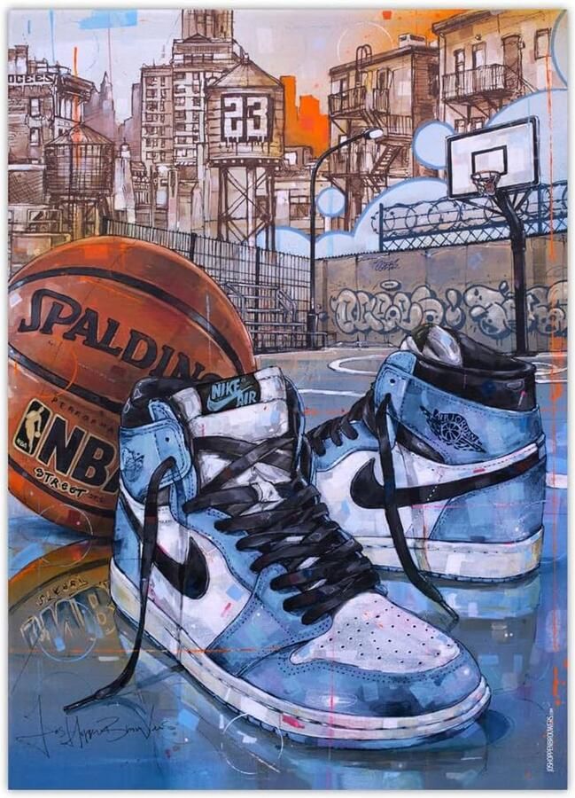 Sport Sneaker Kunst Poster Blauw Wit 50x Hoogwaardige Wanddecoratie