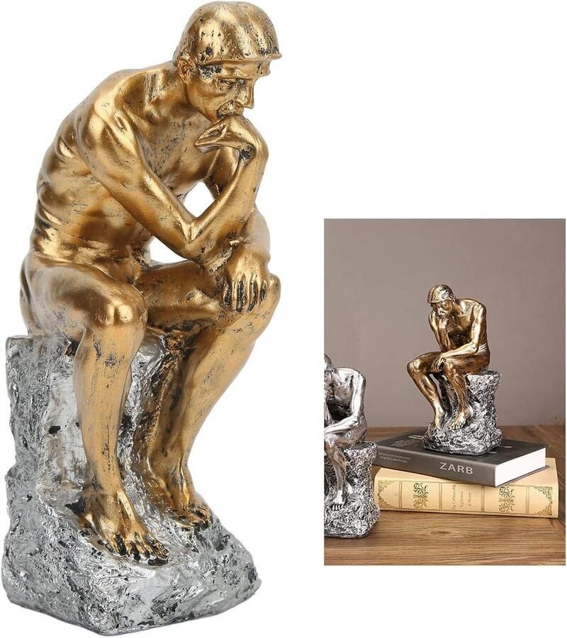 Standbeeld 9.84 X 3.94in Gouden Hars Denkende Man Sculpturen Museum Collectible Beeldje Voor Thuis Bibliotheek Kantoor Decoratie