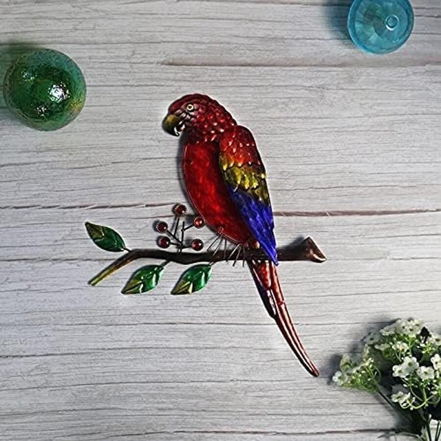 Standbeeld Decoratie Metalen Vogel Papegaai Muur Kunst Met Rood Glas Voor Huis Tuin Decoratie Miniaturen Sculpturen Standbeelden Outdoor Ornamenten Tuin Beeldhouwkunst Ornamenten (Red) good