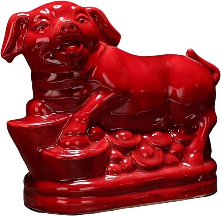 Standbeelden Dieren Keramische Handgemaakte Chinese Dierenriem Dierensculpturen Woonkamer Studeerkamer Bed & Breakfast Decoratie Varken Rood - Foto 2
