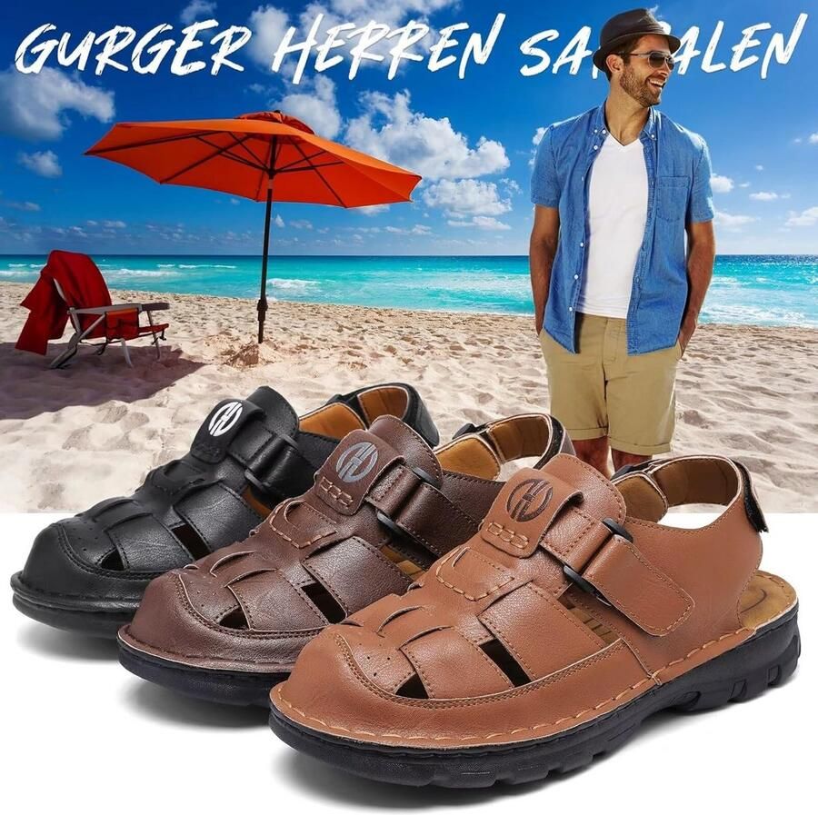 Stevige Heren Outdoorsandalen Leer Gesloten Teen Wandelsandalen