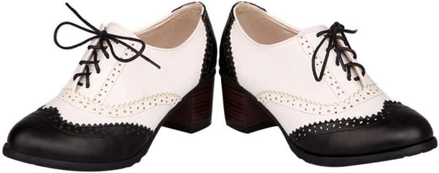 Vintage Oxford Hakken voor Dames Retro Wingtip Laarzen met Blokhak en Vetersluiting Comfortabele Ronde Neus Pumps