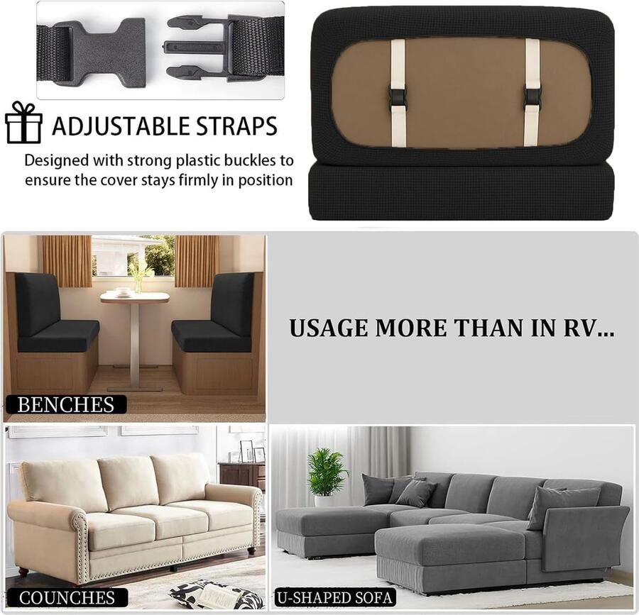 Zitplaatshoes Stretch Jacquard Huisdiervriendelijk Splash-Proof RV Dinette Kussenhoezen Bankkussenhoezen voor Camper Sofa Bank (Zwart B 35- D 35