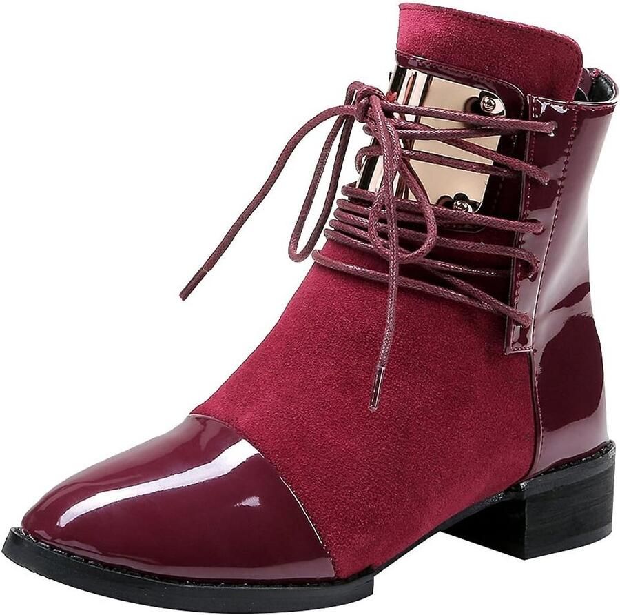 Stoere Enkellaarsjes Dames met Blokhak en Ronde Neus Punk & Rock Stijl Rits en Veterdetails