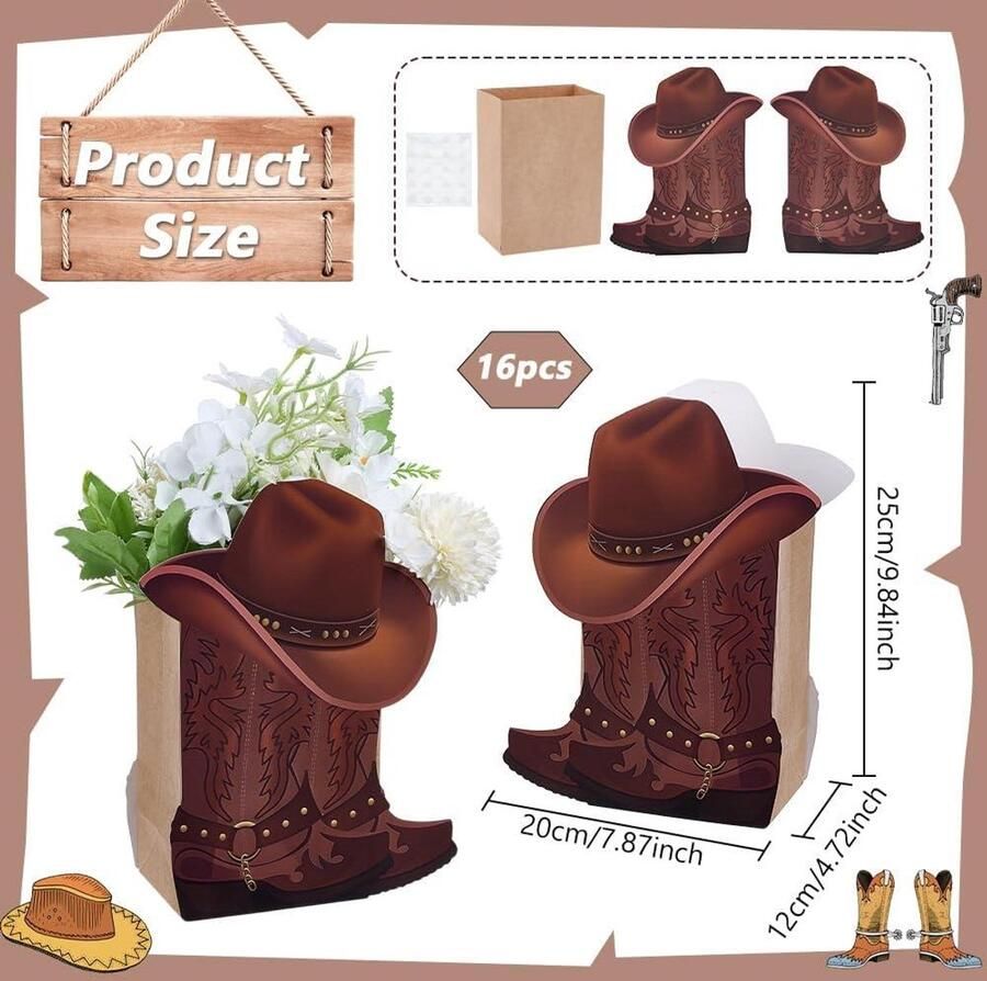 Stoere westerse cowboylaarzen decoratie voor tafels en bruiloften set van 16 stuks bruin thema bloembakken en centerpieces@foreach vele gelegenheden