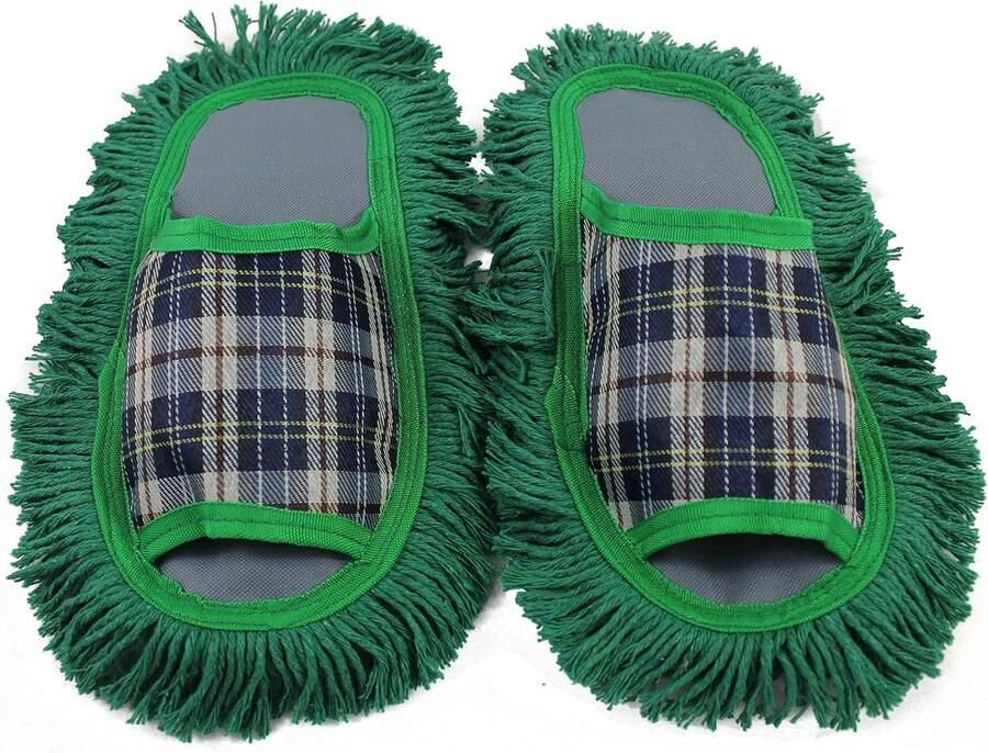 Stofdoek pantoffels poetspantoffels mopschoenen in groen grijs met reinigende katoenen zool unisex R