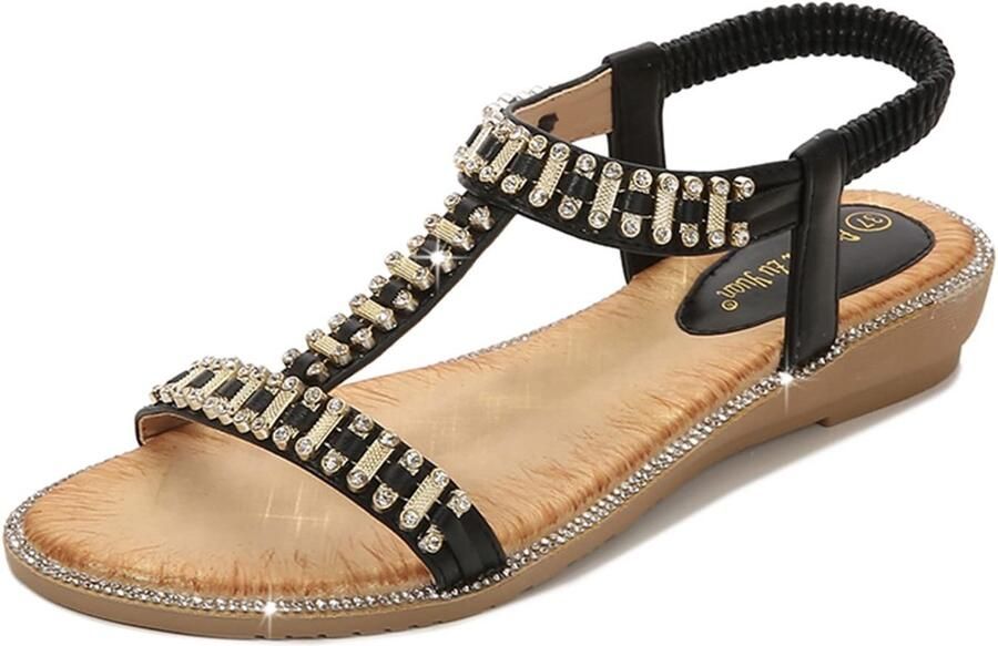 Store_7 Vrouwen Zomer Sandalen Casual Open Teen Sparkly Kralen Zwart Bohemian Enkelband Platte Schoenen Geschikt voor Dames