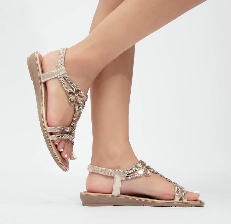 Store_8 Vrouwen Sandalen Faux Lederen Gladiator Open Teen Bloem Diamante Zomer Outdoor Casual Mode Platte Zolen
