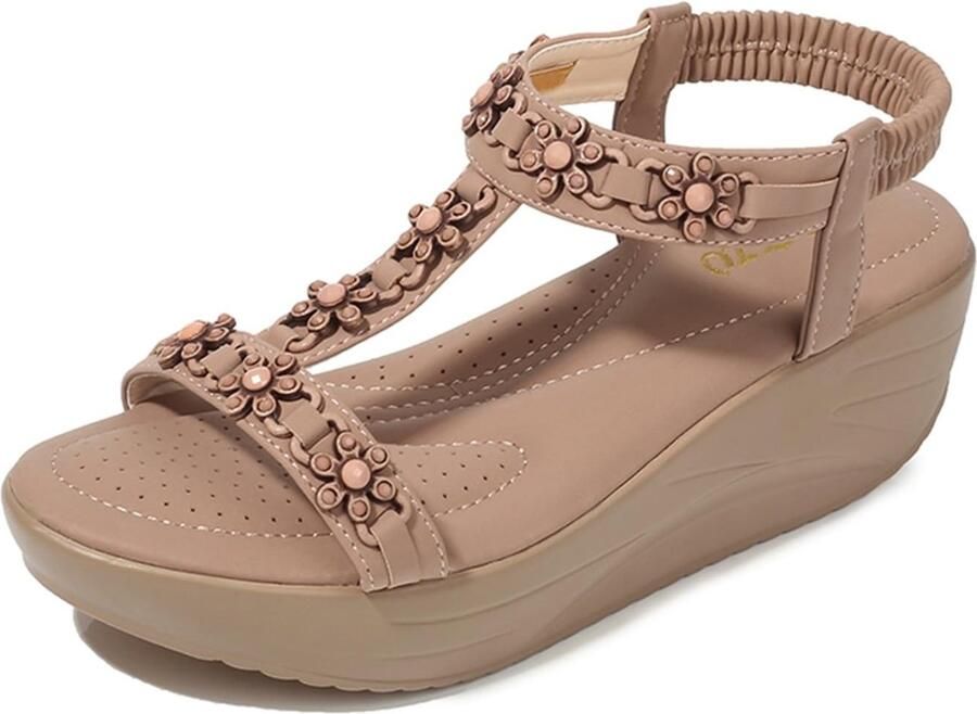 Store_9 Damessandalen Sleehak Elegante zomerlook Rood Bloemenkralen Comfortabel en stijlvol Perfect voor elke gelegenheid