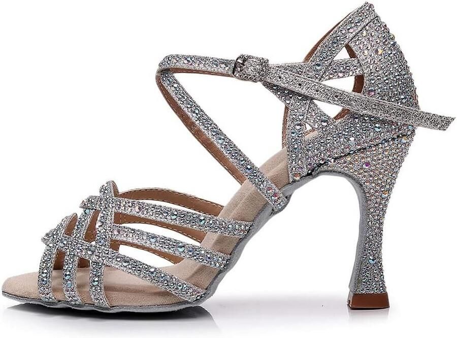 Strass Dansschoenen voor Salsa Bachata en Waltz Latijns-Amerikaanse Stijl met Gladde Zool en Leren Materiaal