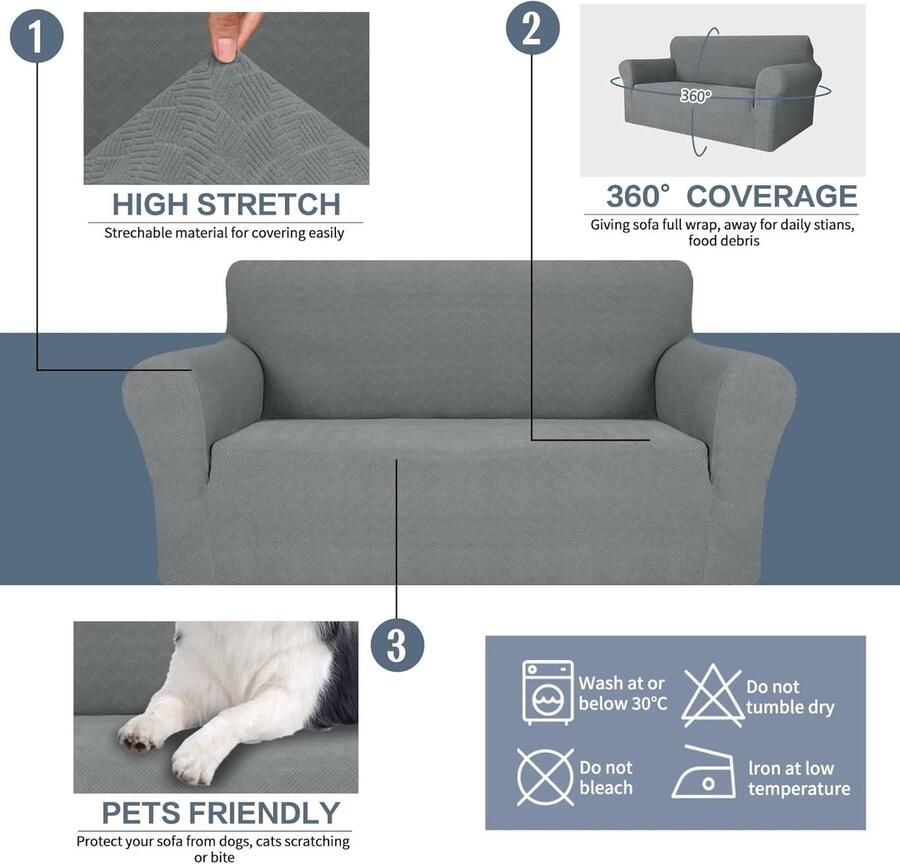 Stretch Bankhoes 2 Zits Universele Elastische Bankbeschermer Bankovertrek Voor Woonkamer Antislip Krasbestendig Bankhoezen Sofa Cover Met Anti-Slip Schuim Bank Hoes Lichtgrijs