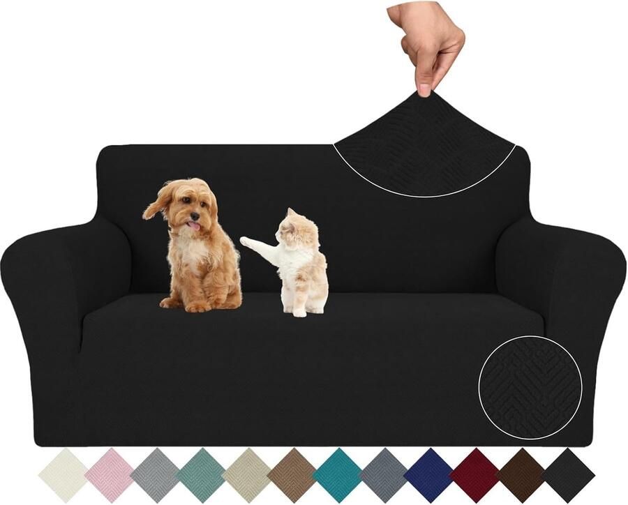 Stretch Bankhoes 2 Zits Universele Elastische Bankbeschermer Bankovertrek Voor Woonkamer Antislip Krasbestendig Bankhoezen Sofa Cover Met Anti-Slip Schuim Bank Hoes Zwart