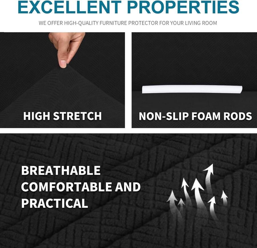 Stretch Bankhoes 3 Zits Elastische Bankhoezen Voor Woonkamer 1 Stuks Universele Rekbare Armsteun Sofahoes Met Anti-slip Schuim Krasbestendig Meubelhoes Voor Bank Zwart