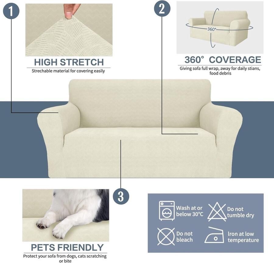 Stretch Bankhoes 3 Zits Universele Elastische Bankbeschermer Bankovertrek Voor Woonkamer Antislip Krasbestendig Bankhoezen Sofa Cover Met Anti-Slip Schuim Bank Hoes Beige
