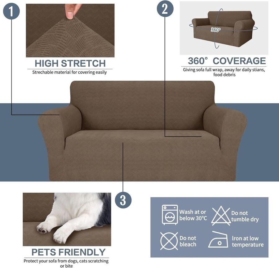 Stretch Bankhoes 3 Zits Universele Elastische Bankbeschermer Bankovertrek Voor Woonkamer Antislip Krasbestendig Bankhoezen Sofa Cover Met Anti-Slip Schuim Bank Hoes Bruin