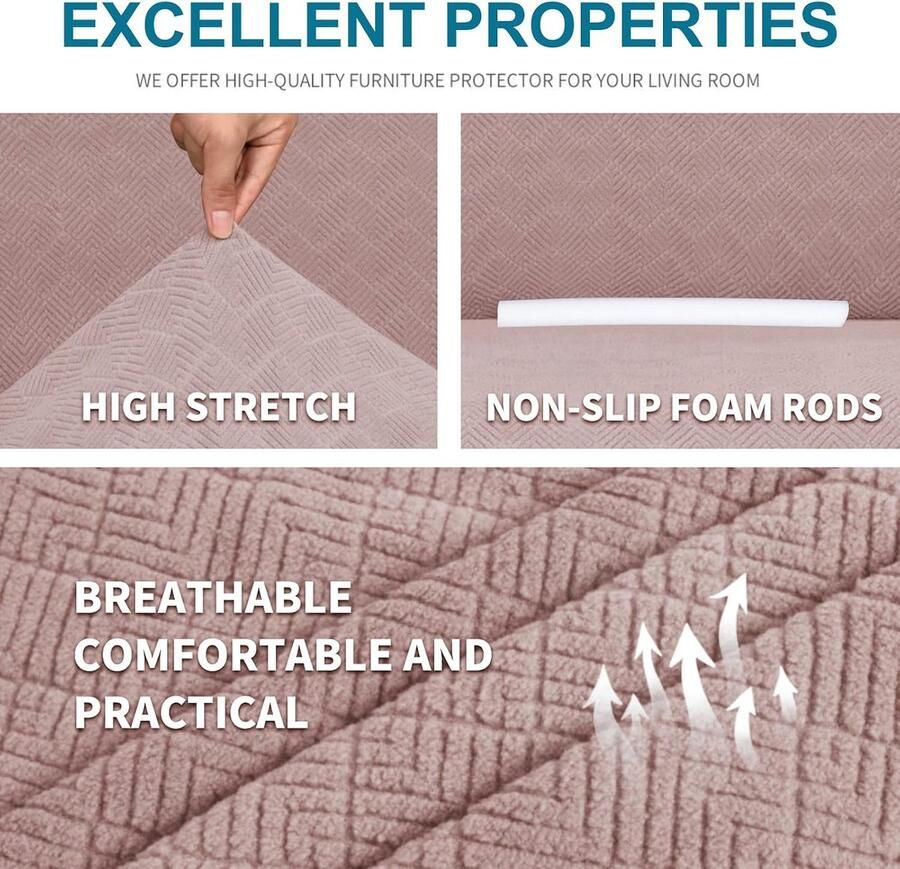 Stretch Bankhoes 4 Zits Elastische Bankhoezen Voor Woonkamer 1 Stuks Universele Rekbare Armsteun Sofahoes Met Anti-slip Schuim Krasbestendig Meubelhoes Voor Bank Grijs Roze