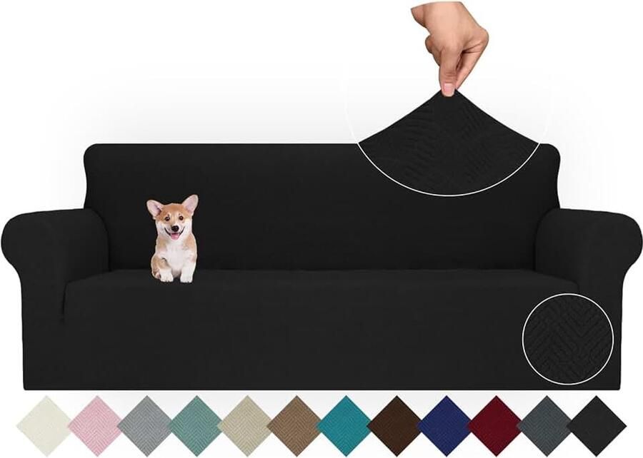 Stretch Bankhoes 4 Zits Universele Elastische Bankbeschermer Bankovertrek Voor Woonkamer Antislip Krasbestendig Bankhoezen Sofa Cover Met Anti-Slip Schuim Bank Hoes Zwart