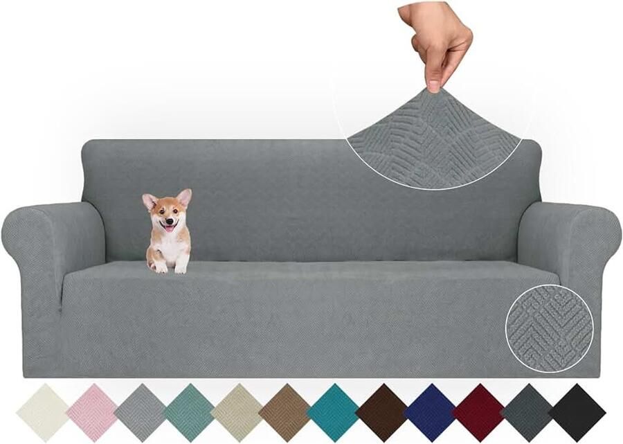 Stretch Bankhoes 4 Zits Universele Elastische Bankbeschermer Bankovertrek Voor Woonkamer Antislip Krasbestendig Bankhoezen Sofa Cover Met Anti-Slip Schuim Bank Hoes Lichtgrijs