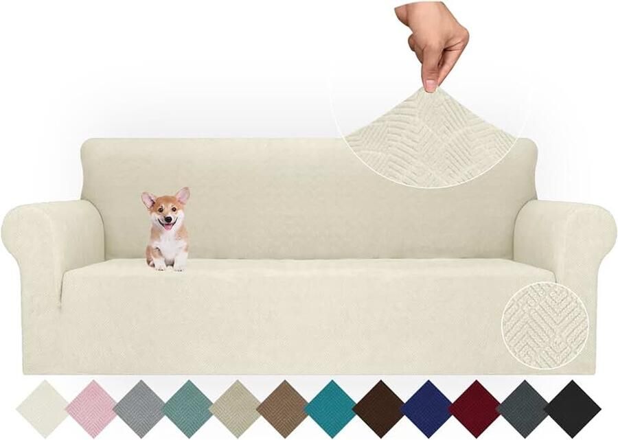 Stretch Bankhoes 4 Zits Universele Elastische Bankbeschermer Bankovertrek Voor Woonkamer Antislip Krasbestendig Bankhoezen Sofa Cover Met Anti-Slip Schuim Bank Hoes Beige