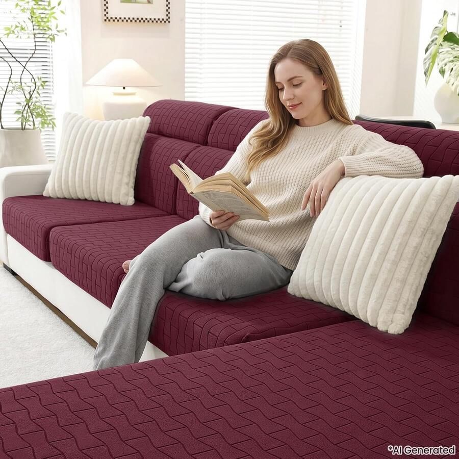 Stretch Sofa Zitkussen Hoezen (1 Plaats*2 Wijnrood) Elastische Sofa Kussenhoes Universeel Bankhoes met Geometrisch Motief Krasbestendig Antislip Machinewasbare Hoes