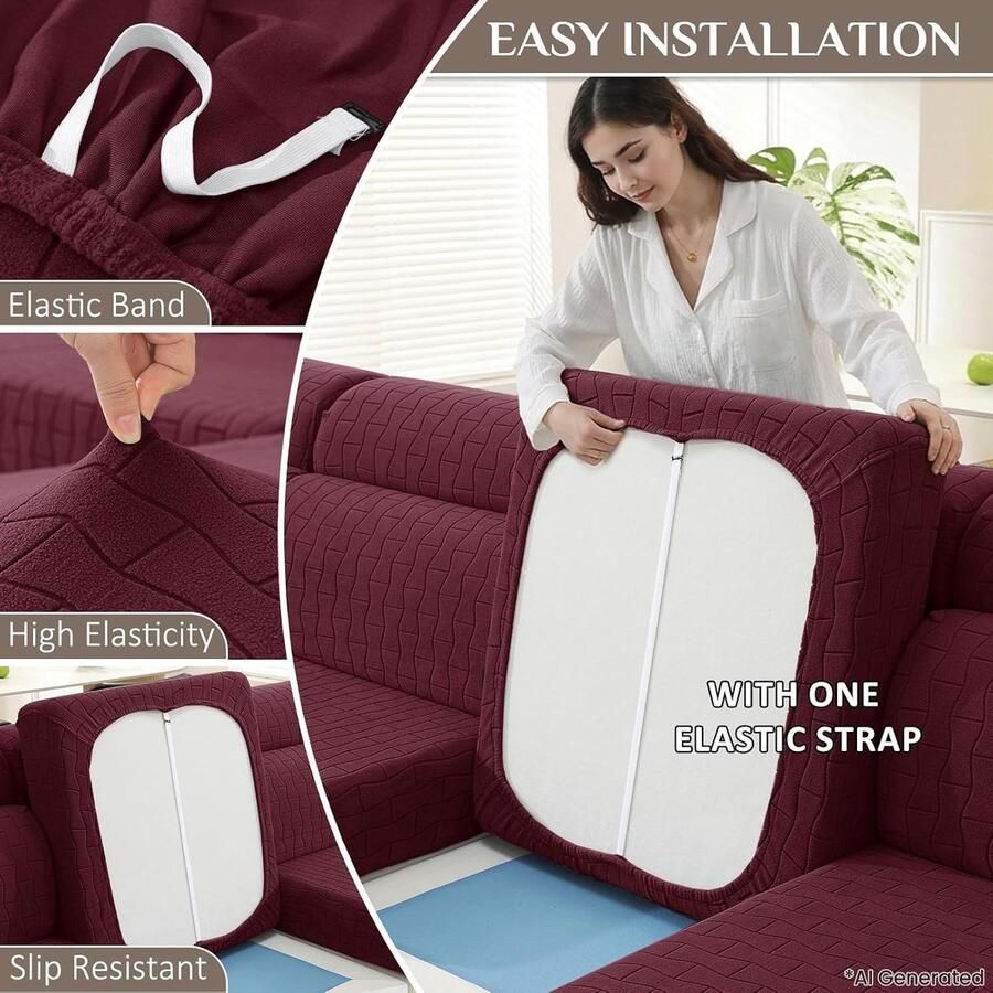 Stretch Sofa Zitkussen Hoezen (1 Plaats*2 Wijnrood) Elastische Sofa Kussenhoes Universeel Bankhoes met Geometrisch Motief Krasbestendig Antislip Machinewasbare Hoes - Foto 2