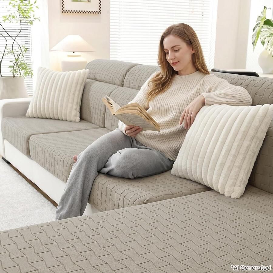 Stretch Sofa Zitkussen Hoezen (Groot 1 Plaats Khaki) Elastische Sofa Kussenhoes Universeel Bankhoes met Geometrisch Motief Krasbestendig Antislip Machinewasbare Hoes