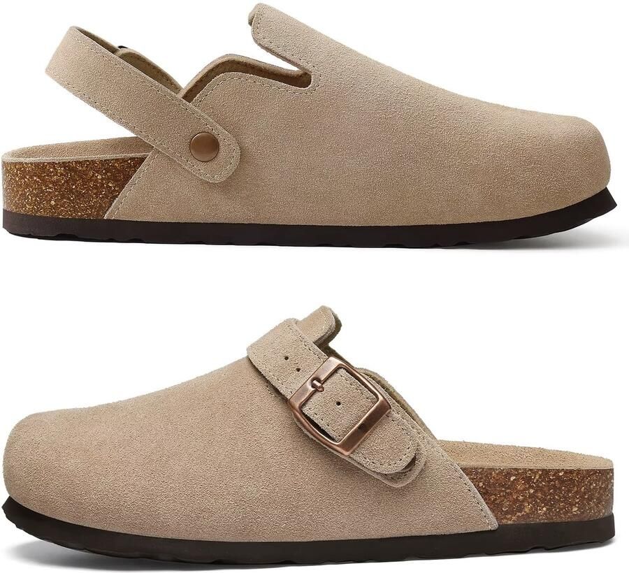 Suède Clogs Unisex Instappers met Kurk Voetbed Comfort Pantoffels en Beige