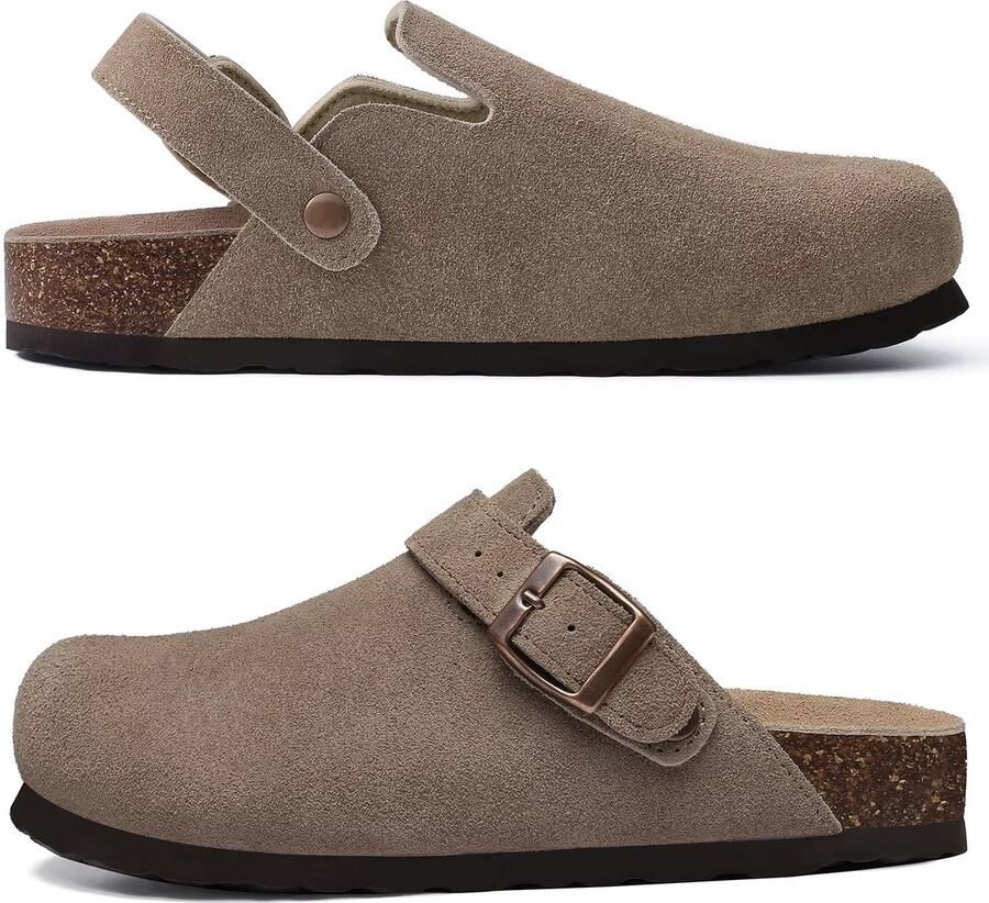 Suède Clogs Unisex Instappers met Kurk Voetbed Comfort Pantoffels en Taupe