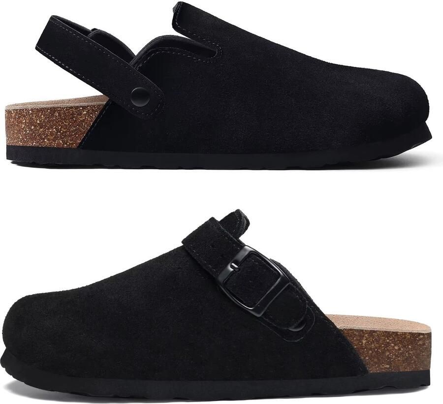 Suède Clogs Unisex Instappers met Kurk Voetbed Comfort Pantoffels en Zwart