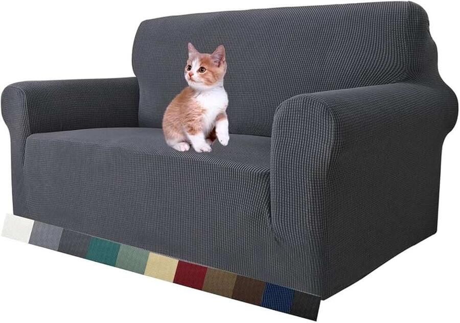 Super Stretch Zetelhoes voor 2 zitplaatsen bank 1-delige universele bankhoezen woonkamer Jacquard Spandex meubelbeschermer honden huisdiervriendelijk ingerichte bank Slipcover (2 Zitsbank Grijs)