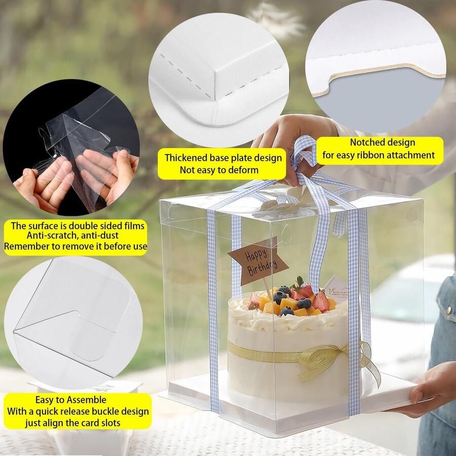 Transparante Taartdoos 2 Stuks 21 x 21 x Geschenkdoos Doorzichtig Met Sokkel En Lint Geschikt Voor Verjaardag Dessert Taartdoos 21 x 6 inch transparant van kunststof met lint voor het verpakken van de oven voor desserts