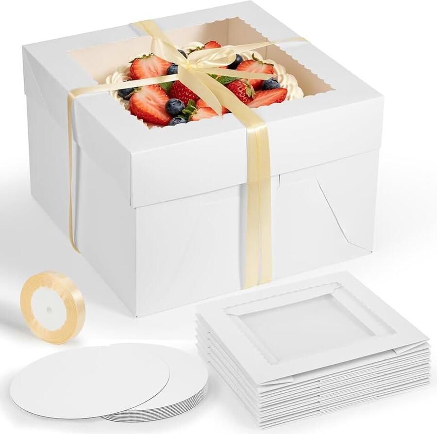 Taartdozen 30x30x set van 5 met stevige bodem en lint Doorzichtig venster karton lijmvrij in elkaar te klikken. Voor evenementen verjaardagen bruiloften babyborrels