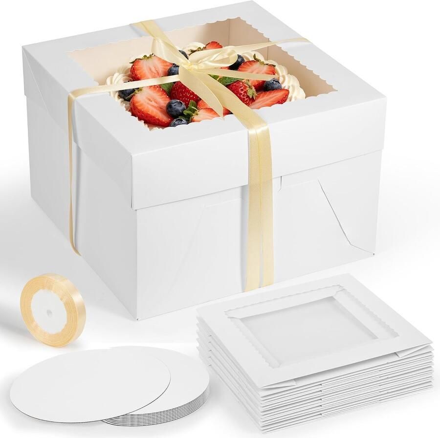 Taartdozen 30x30x set van 5 met stevige bodem en lint Doorzichtig venster karton lijmvrij in elkaar te klikken. Voor evenementen verjaardagen bruiloften babyborrels