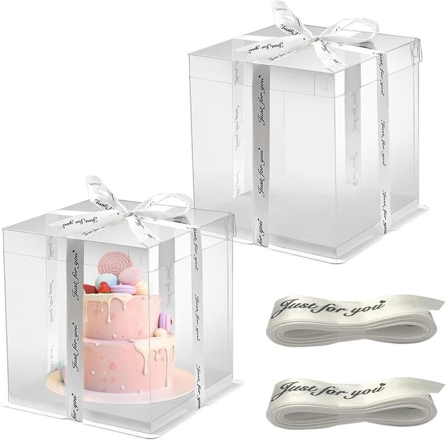 Taartdozen Taartdoos 30 x 30 x Transparante Taarttransportdozen Geschenkdoos Transparant met Bodem en lint Voor Verjaardagsdessert Wit Transportbox taart geschenkdoos doorzichtig herbruikbaar met lint voor verjaardag dessert 2 stuks (wit)