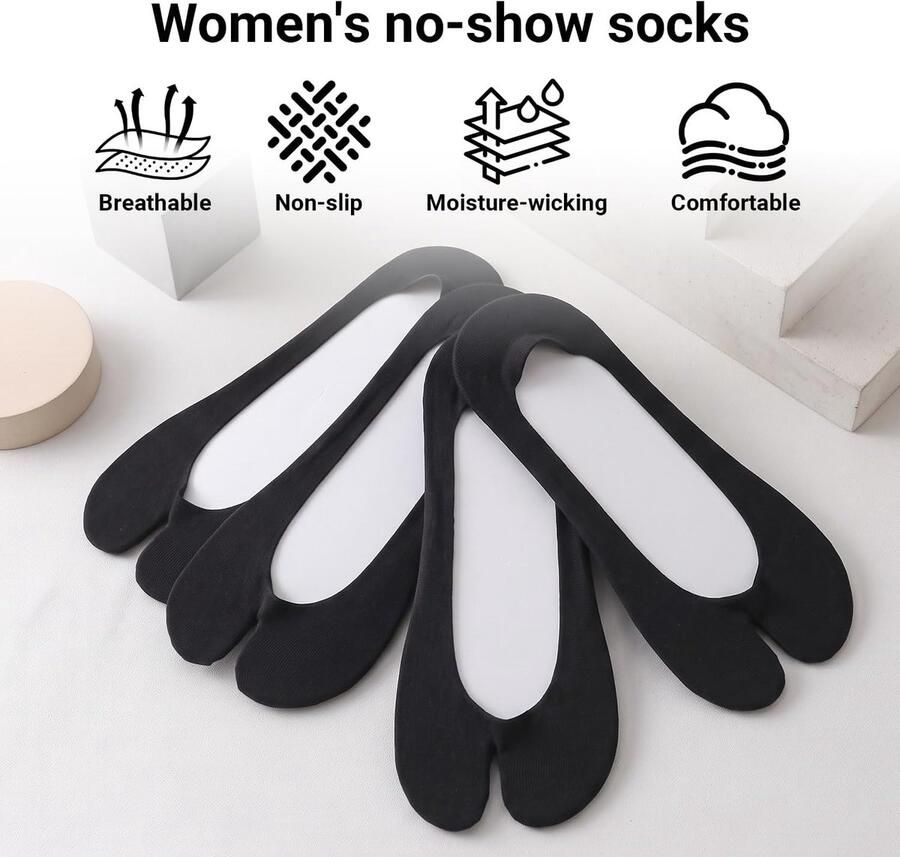 Tabi-sokken voor dames 4 paar teenverdeeld antislip voor teenslippers laag uitgesneden zwart