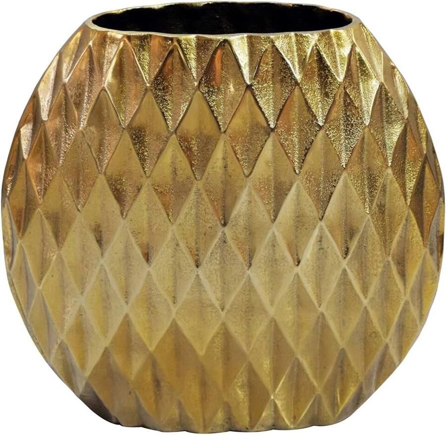 Tafelvaas 33 5x12 5x Aluminium Goud Ruitpatroon siervaas rond met driedimensionaal structuur metalen vaas modern bloemenvaas handgemaakt uniek exemplaar