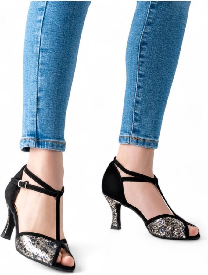 Tango Dansschoenen Isla Dames Suède buitenzool Tangodansschoenen met open teen Comfortabele hak van Dansschoenen van glitterstof Werner Kern zwart blauw zilver