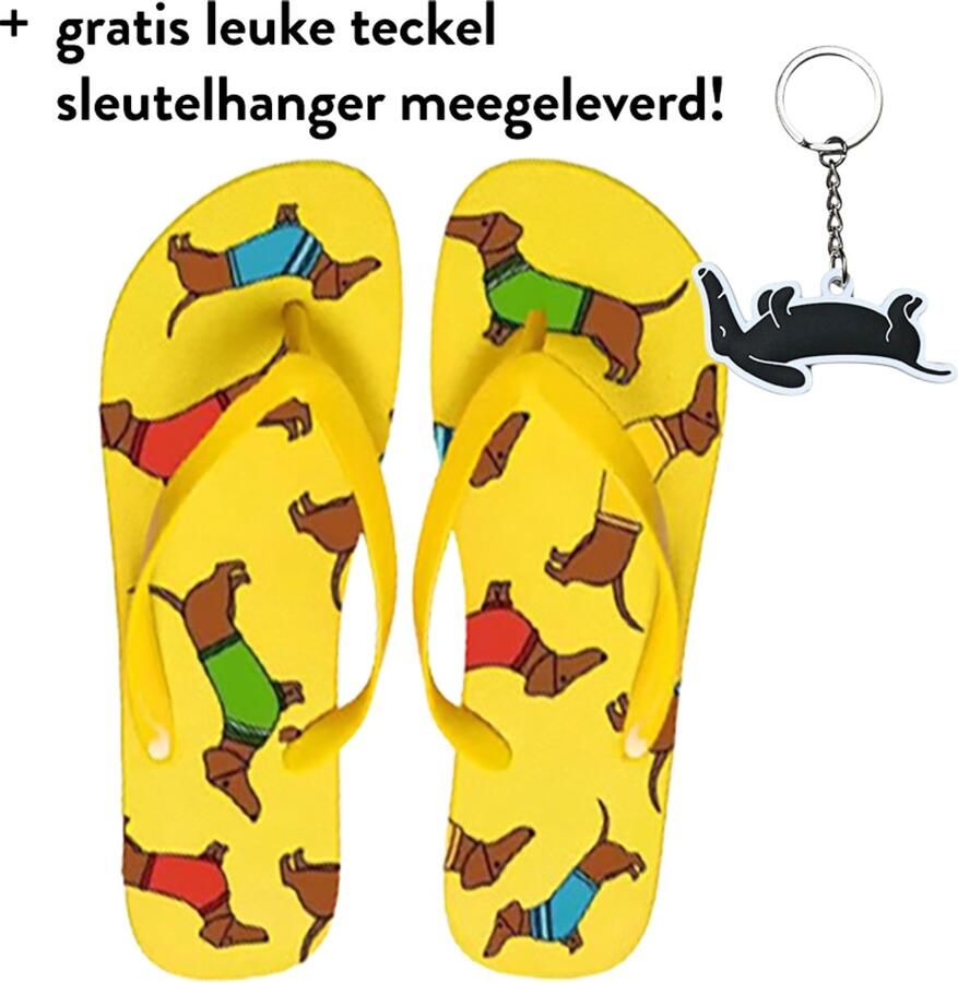 Teckel flip flops flip flop teckel teenslipper teenslippers hond teckelprint slippers badslippers geel teckel slippers - Foto 2